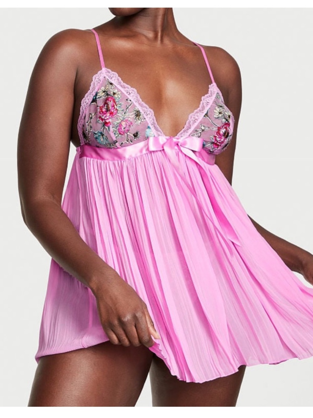 Victoria’s Secret Garden Party Pleated Babydoll Lingerie Pink Floral Lace Bow